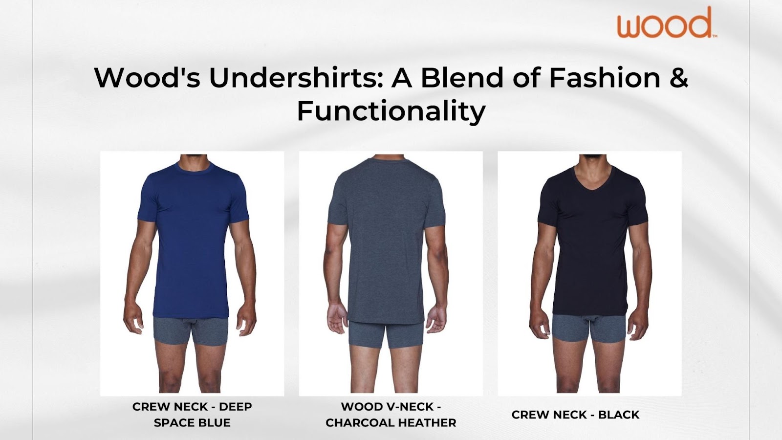 Image showcasing Wood's three popular undershirts: Crew Neck in Deep Space Blue, Wood Neck in Charcoal Heather, and Crew Neck in Black, with the caption 'Wood's Undershirts: A Blend of Fashion and Functionality.